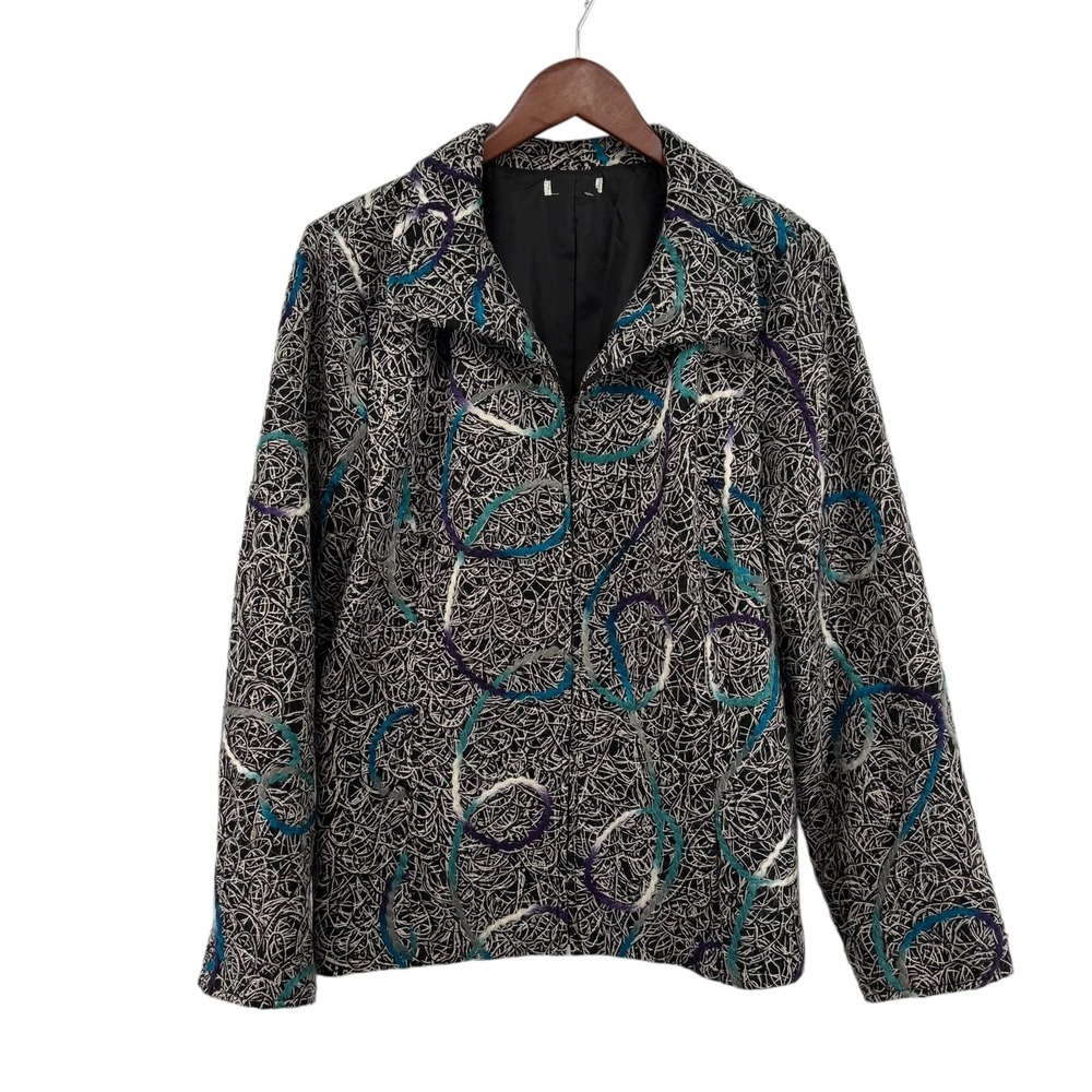Vintage Laura Ashley Art to Wear Zip Blazer Large Black Teal Abstract